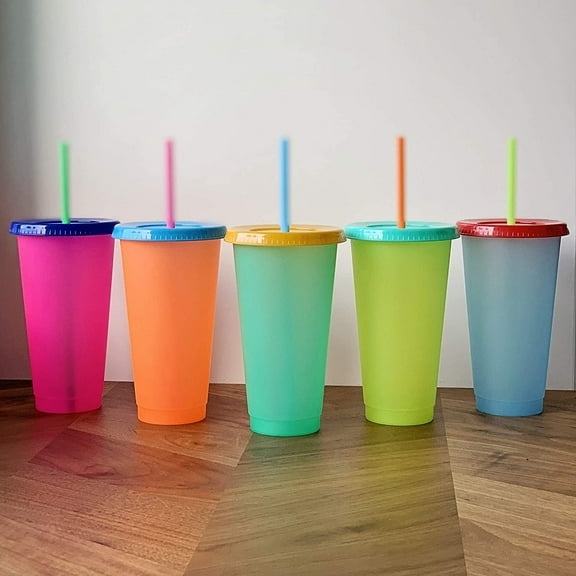 Gixusil 5 Pack Color Changing Cups with Straw Set, 24oz Cold Water Cups, Summer Iced Coffee Party Cup for Adults, Plastic，Multicolour
