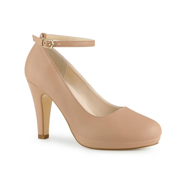 BLISSFUL STEP Escarpins à Talons Aiguilles Hauts pour Femmes à Bout Rond avec Bride à la Cheville -PU Nude-PU 8