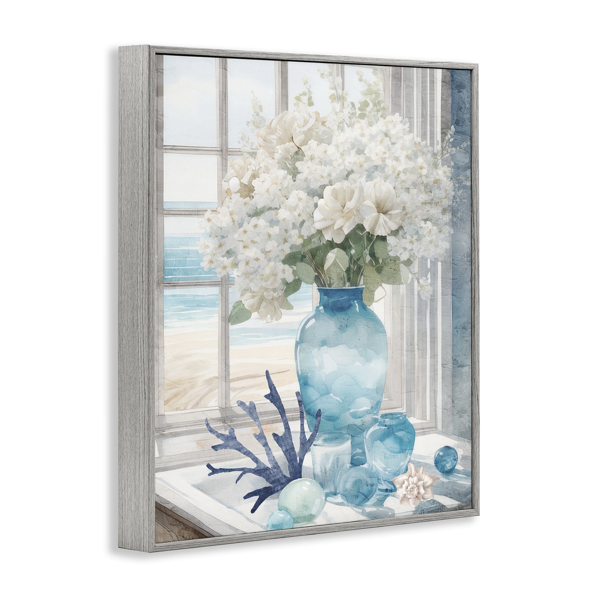 Stupell Industries Coastal Flower Vase Botanical & Floral Painting Gray Framed Art Print Wall Art, 24 x 30