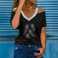 thumbnail image 2 of Pompotops Mode Femme Été V-Cou Manches Courtes Froid Épaule Blouse T-Shirt Causal Impression Tops, 2 of 5