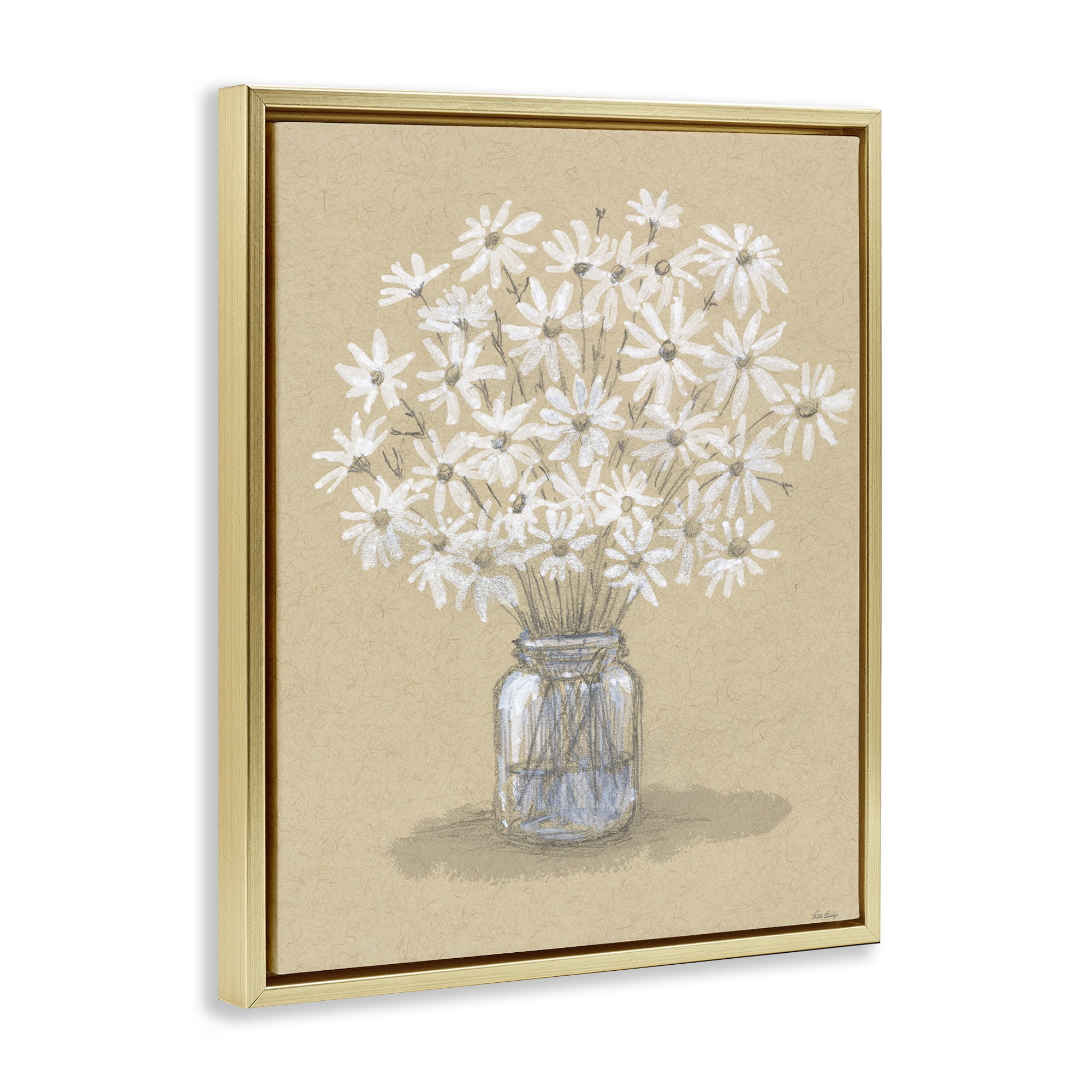Stupell Industries Daisies Jar Drawing Gold Framed Floater Canvas Wall Art, design by Patti Bishop