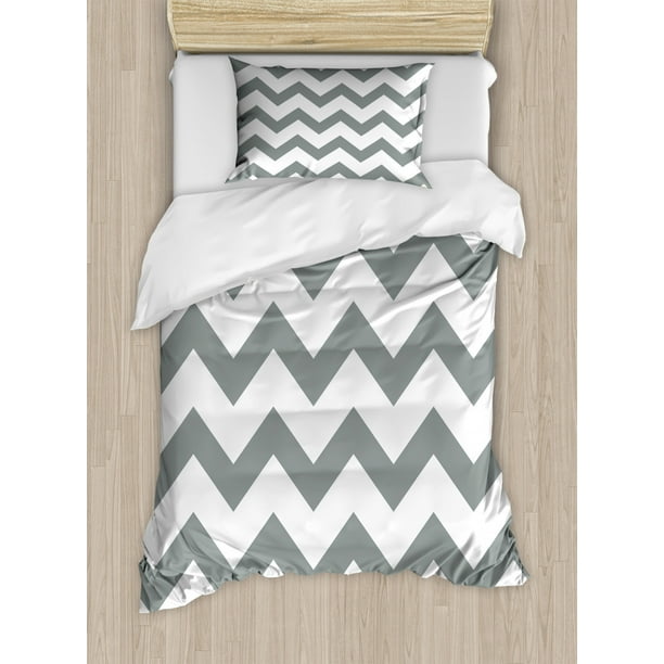 Grey Duvet Cover Set, Grey and White Chevron Pattern Classic