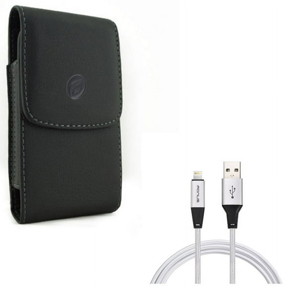 Charger Cord 6ft USB Cable w Leather Case Belt Clip for iPhone XS X 8 7 6S 6 - Power Wire Braided Long Sync Fast Charge, Holster Cover Pouch Vertical Carry Protective