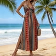 thumbnail image 4 of Ytndtr Women's Boho Striped Print Halter Neck Backless Tie Waist Split Maxi Dress Summer Beach Vacation Sundress, 4 of 7