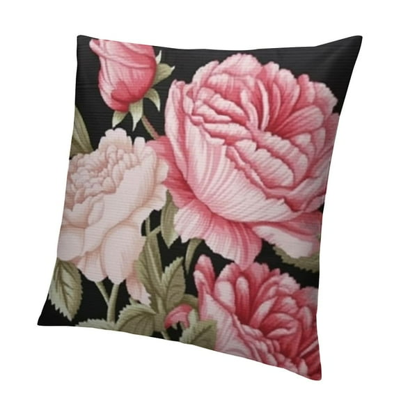 Pillow Cover Pink Peony and Rose Flower Green Leaves on Black White Stripes Decorative Throw Pillow Case Square