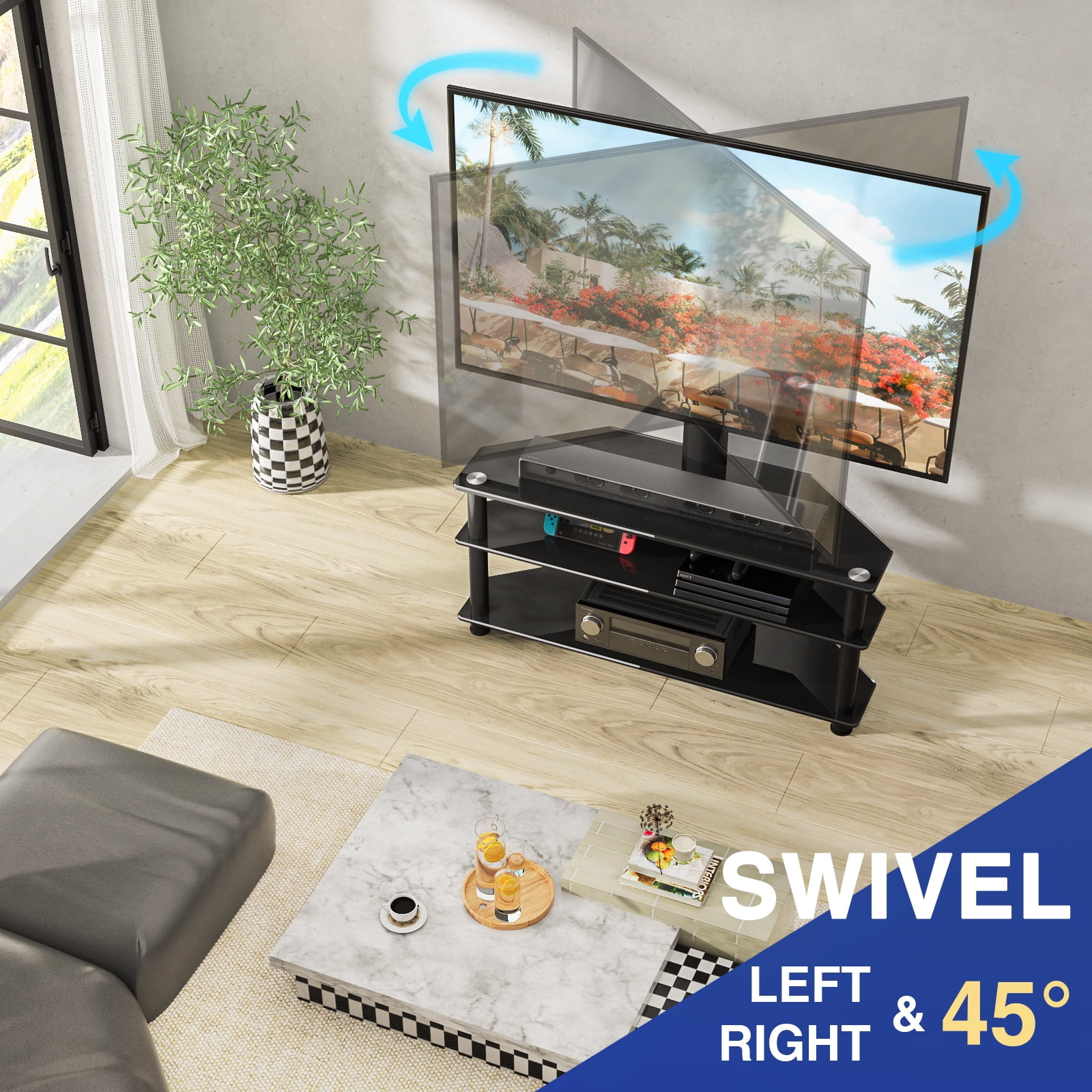 RTVR 3 in 1 Entertainment Center TV Stand with Glass Shelves for up to 70 inch Screens, Swivel Adjustable TV Mount Stand, Max VESA 600X400mm