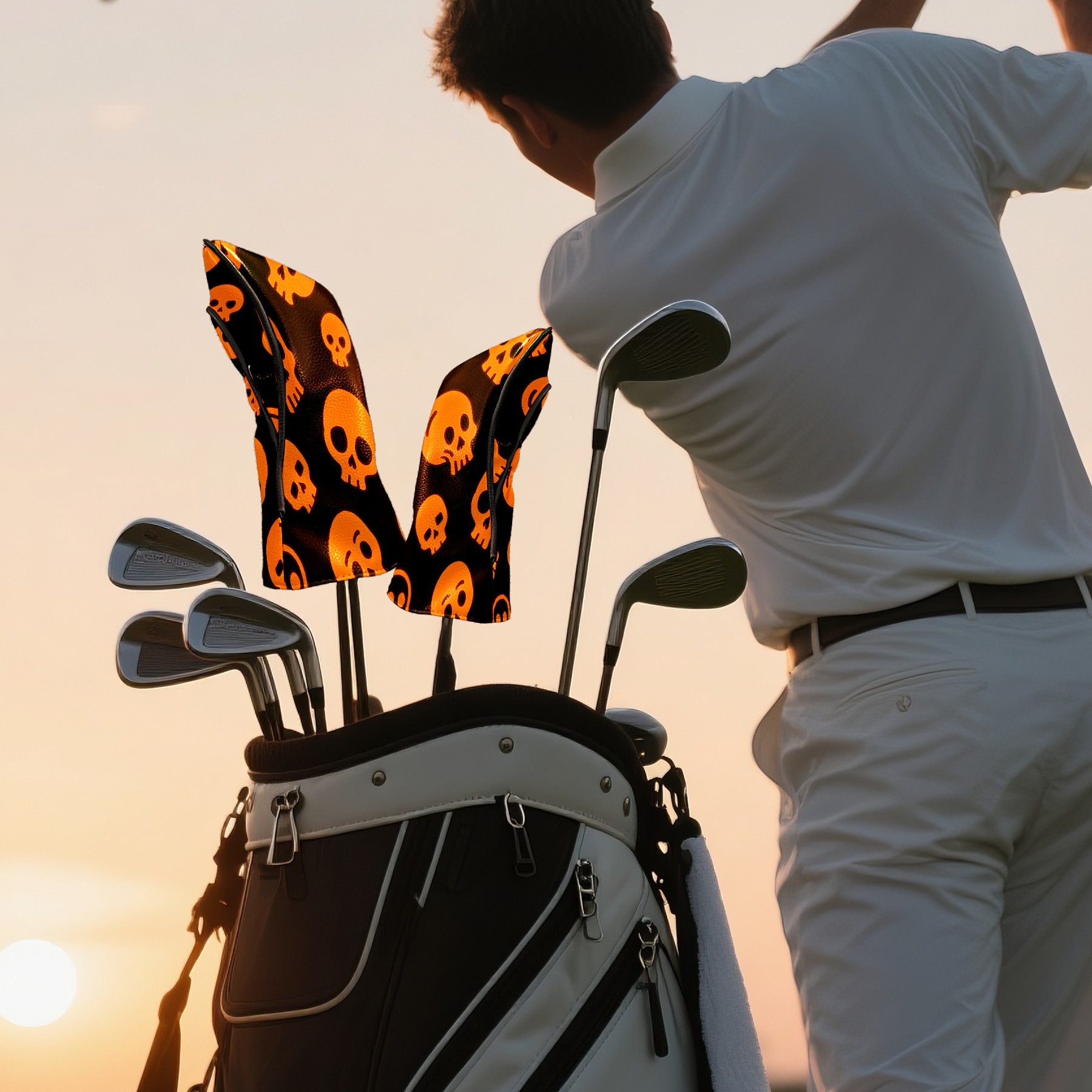 Golf Club Covers, Orange Skeleton Premium PU Leather Driver Hybrid Putter Head Covers with Velvet Lining, Waterproof Golf Gifts for Men Women