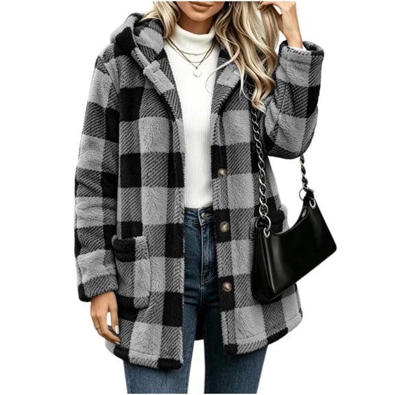 Staron Winter Coats for Women Hooded Plaid Casual Long Sleeve Warm Loose Oversized Jacket, Black L