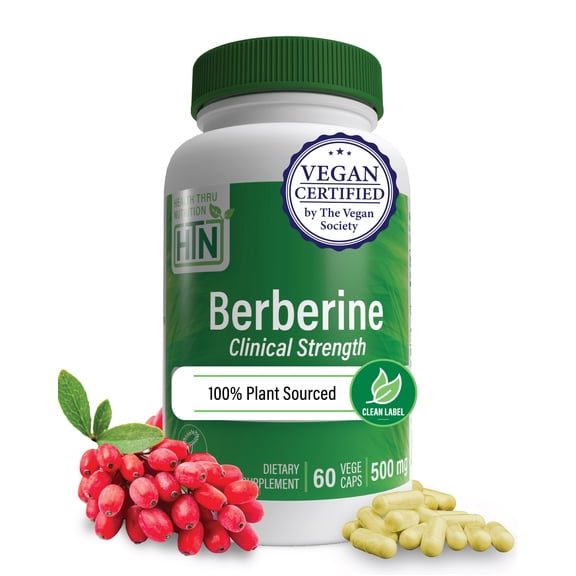 Berberine HCl 500mg Vegan Certified | Clinical Strength - 60 Vegecaps | Blood Sugar Support | 3rd Party Tested | All Plant Extract | Non-GMO, Gluten Free, Soy Free | by Health Thru Nutrition