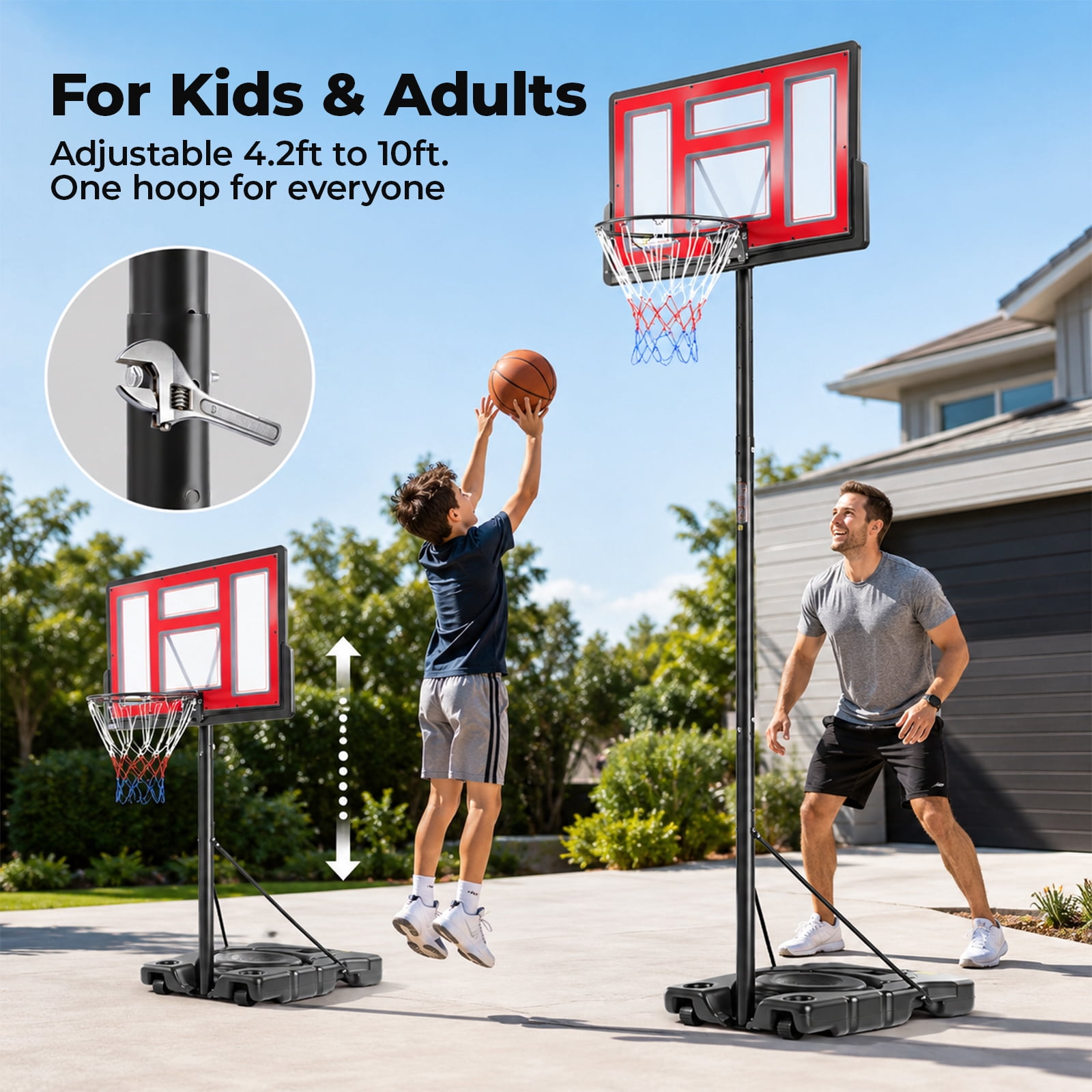 Alvantor Adjustable Portable Basketball Hoop System 4.2-10ft with 44 inch Shatterproof Backboard
