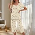 thumbnail image 2 of Ensemble de Pyjama pour Femmes, Haut à Col en V à Manches Courtes avec Pantalon Court à Taille Élastique, Pyjama Assorti en Polyester Imprimé, Tenue Décontractée de Printemps Été, 2 of 6