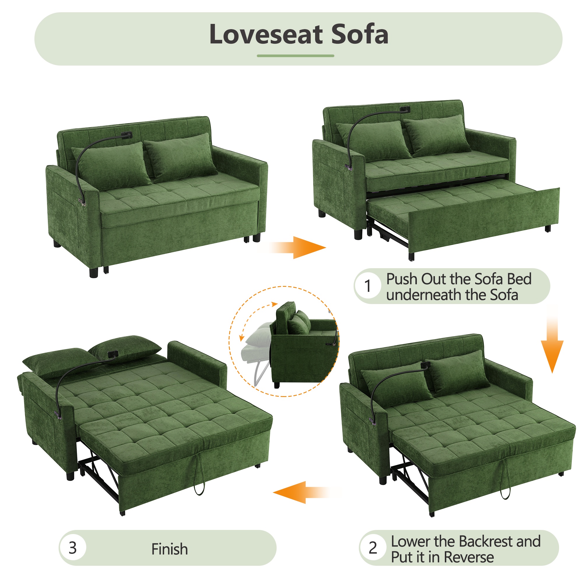BTMWAY 3 in 1 Convertible Sleeper Sofa Couch with Pullout Bed, 59" Loveseat Sleeper Bed with Backrest Cushion, Side Pockets, 3 USB Ports & Phone Holder, Futon Couches for Living Room, Gray