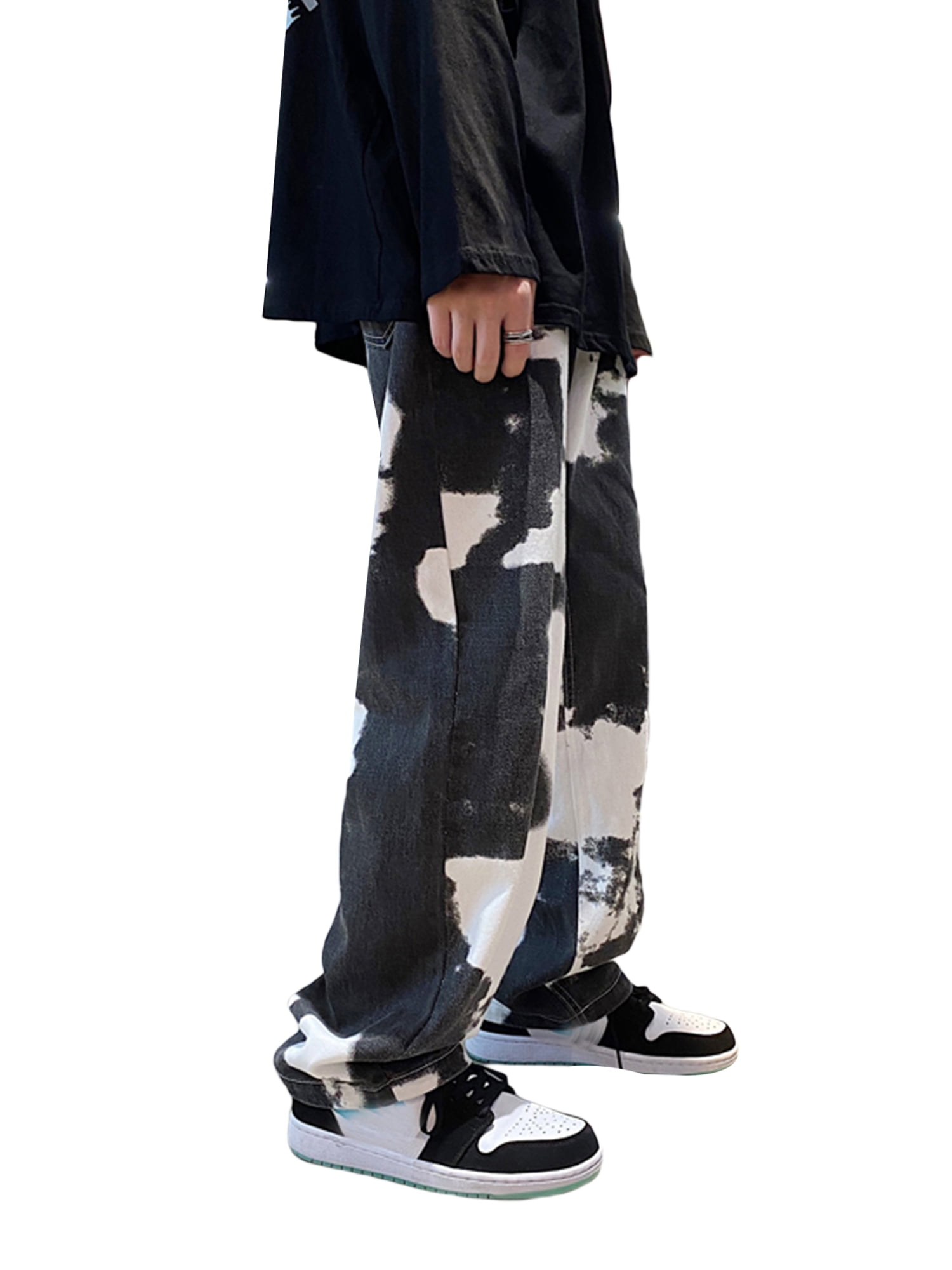 wybzd Men's Tie Dye High Waist Patch Jeans Pants 90s Y2k Vintage Harajuku  Hip Hop Denim Pants Streetwear Black M