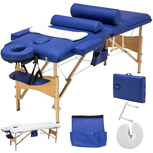 Uenjoy 84"L 3 Fold Blue Massage SPA Bed Table Facial Sheet+2 Bolsters