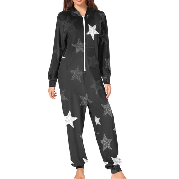 Stars on Black Background Adult's Hoodie Onesie Jumpsuit One-Piece Pajamas with Zipper Unisex for Holiday S