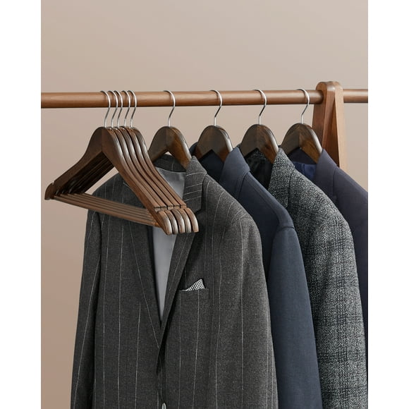 SONGMICS Percha de Madera Maciza, Juego de 20, con Ranuras, Barra Antideslizante, Gancho 360°, para Trajes, Abrigos, Nogal Oscuro y Plata MCRW02V20