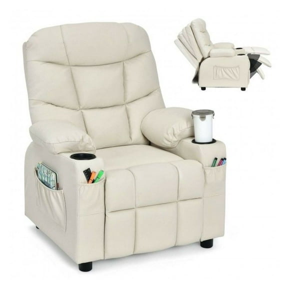 Kids Recliner Chair with Cup Holders - PU Leather Reading Sofa for Children - Adjustable Backrest & Footrest - Living Room, Bedroom - Black/Brown/Blue/Gray