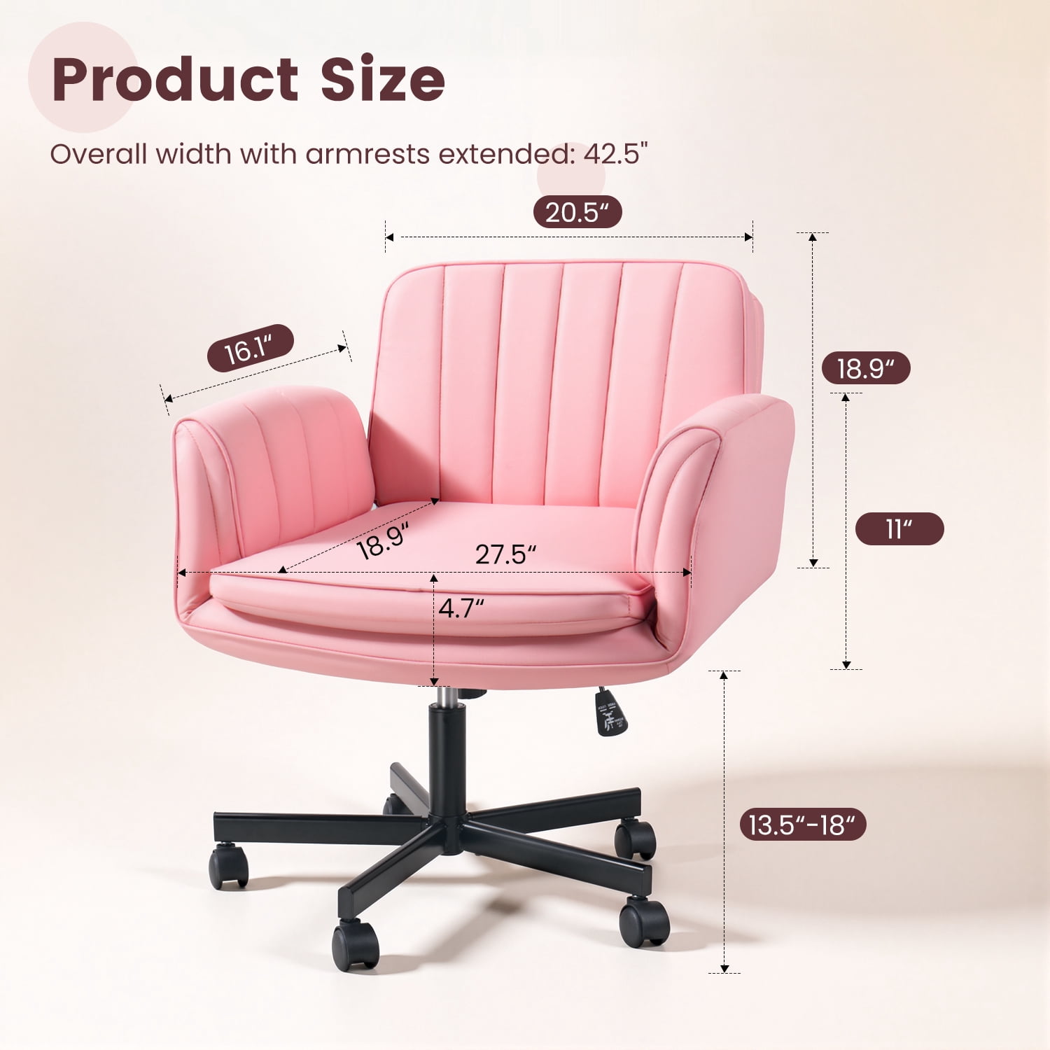 Waleaf Criss Cross Chair with Wheels & Armrests, Criss Cross Office Swivel Chair, PU Leather Vanity Chair with Back, Beige Comfortable Adjustable Vanity Desk Chairs for Home Office and Bedroom