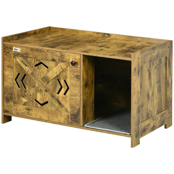 PawHut Hidden Cat Litter Box Furniture, Rustic Farmhouse Cat Table