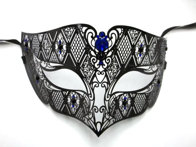 Elegant Black Blue Rhinestone Venetian Laser Cut Masquerade Mask BE003BLBK Prom 