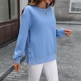 thumbnail image 4 of WTOBBY Women's Button Hem Slit Hoodie, Solid Color Casual Pullover, Long Sleeve Round Neck Top with Side Vent Design and Modern Street Style,Blue M, 4 of 8