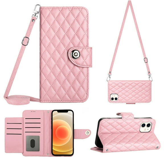 Elegant Case for iPhone 12 Wallet Case RFID Blocking Card Slots Holder with Shoulder&Crossbody Strap, Magnetic Folio Kickstand Handbag Flip Phone Cover For iPhone 12, Pink
