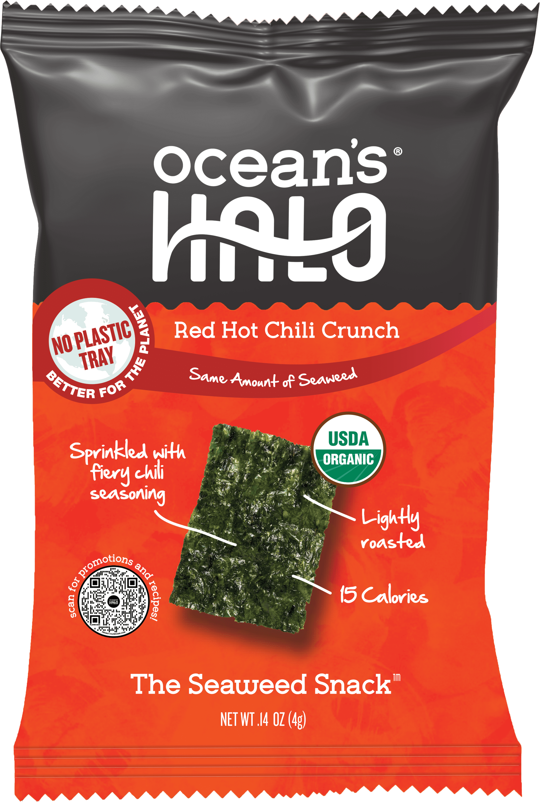 (20 pack) Ocean's Halo, Organic Trayless Seaweed Snack, Red Hot Chili Crunch, Vegan, No Plastic Tray, 0.14 oz