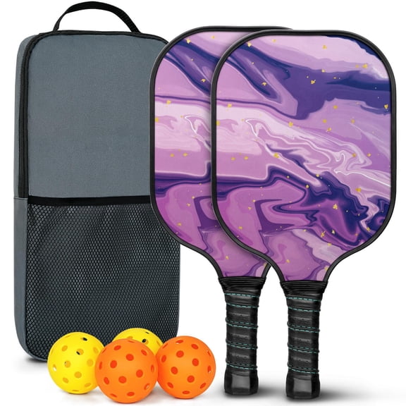Pickleball Paddles Set Of 2, Fiberglass Surface, Liquid & Marble Print, 4 Balls & Bag