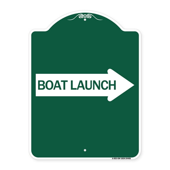 SignMission A-DES-GW-1824-24405 18 x 24 in. Designer Series Sign - Boat Launch with Right Arrow, Green & White