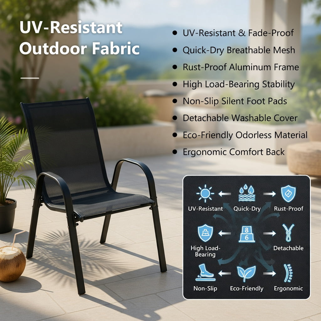 Hommoo 4-Pack Stackable Outdoor Dining Chairs with Ergonomic Armrests, Heavy-Duty Steel Construction for Patio & Deck, Gray