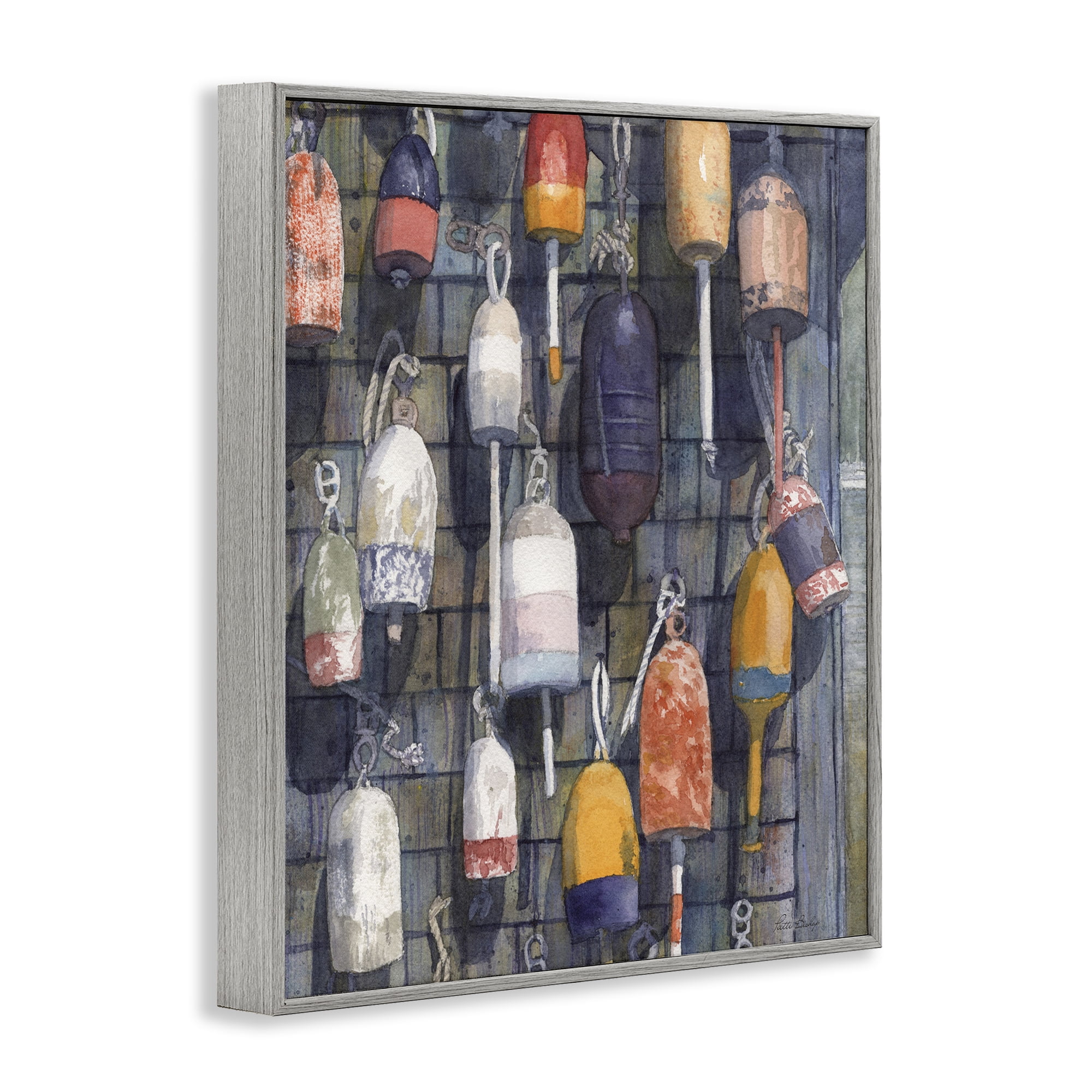 Stupell Industries Watercolor Hanging Buoys Gray Framed Giclee Art, design by Patti Bishop