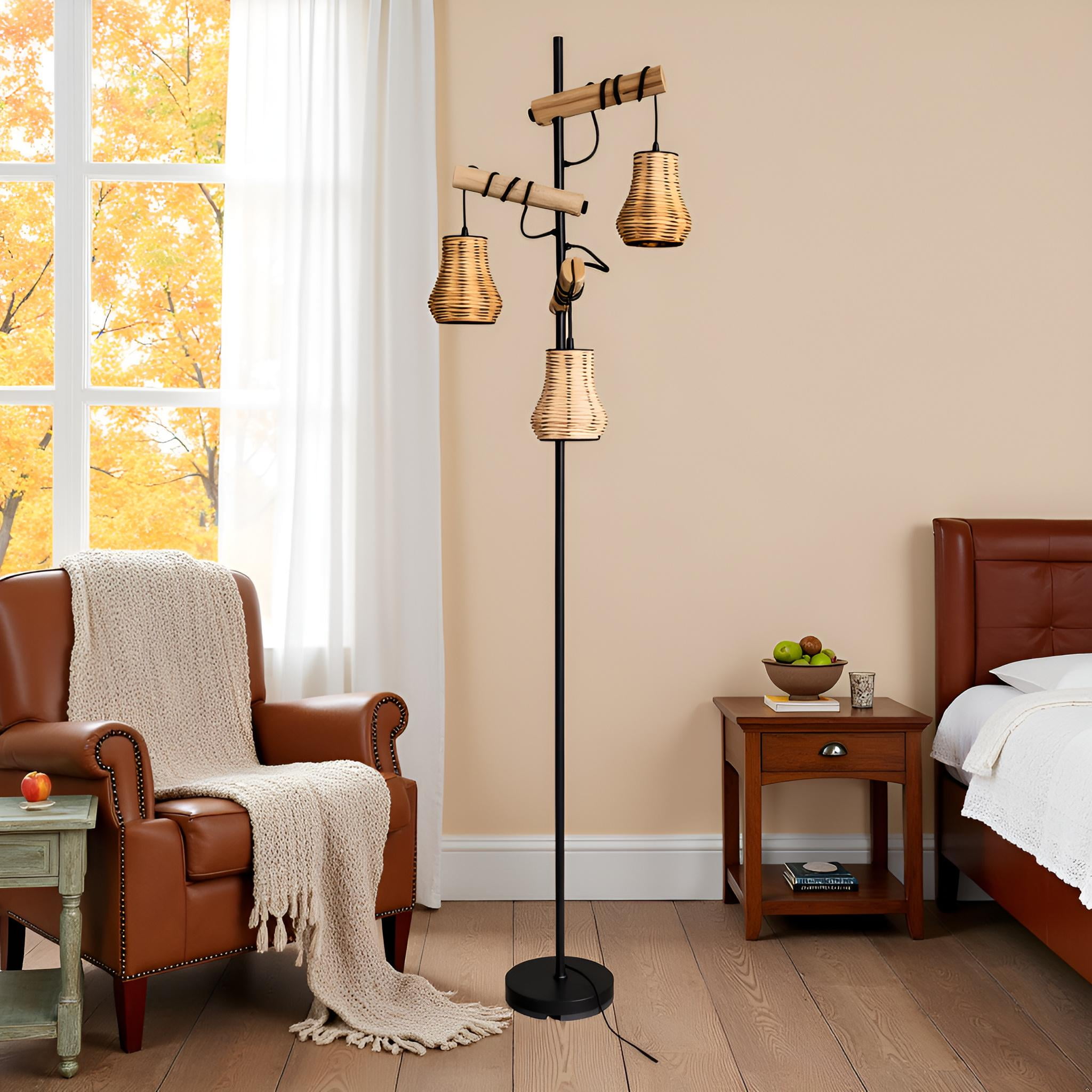 3-Light Rustic Reading Black Standing Floor Lamp with Rattan