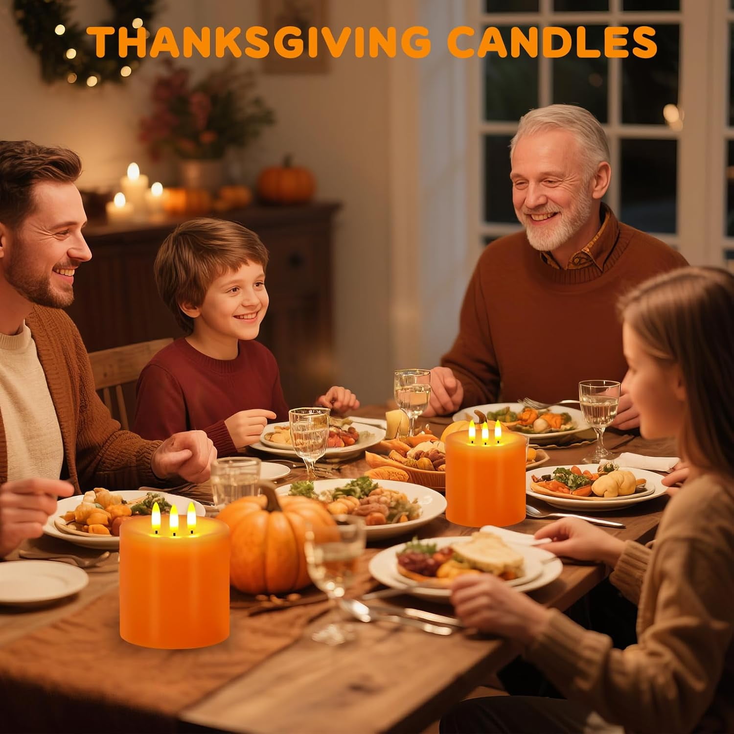 3 Wick Flameless Candles Set of 2, 4"x4" Flickering Large LED Candles with Remote & Timer, Dimmable Real Wax Pillar Candles Battery Operated, Orange Candles for Fall Thanksgiving Halloween Decor