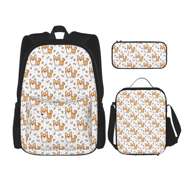 Balery Corgi with Hearts Mochila escolar 3 en 1 para niños: mochila resistente con lonchera térmica y estuche para lápices. Mochila escolar para niños y niñas.