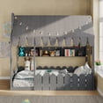 thumbnail image 3 of Twin Size Montessori House Bed,Floor Bed with Fence Railings, Tent, Lights and 3 Storage Shelves,Bedroom Furniture,Gray, 3 of 14