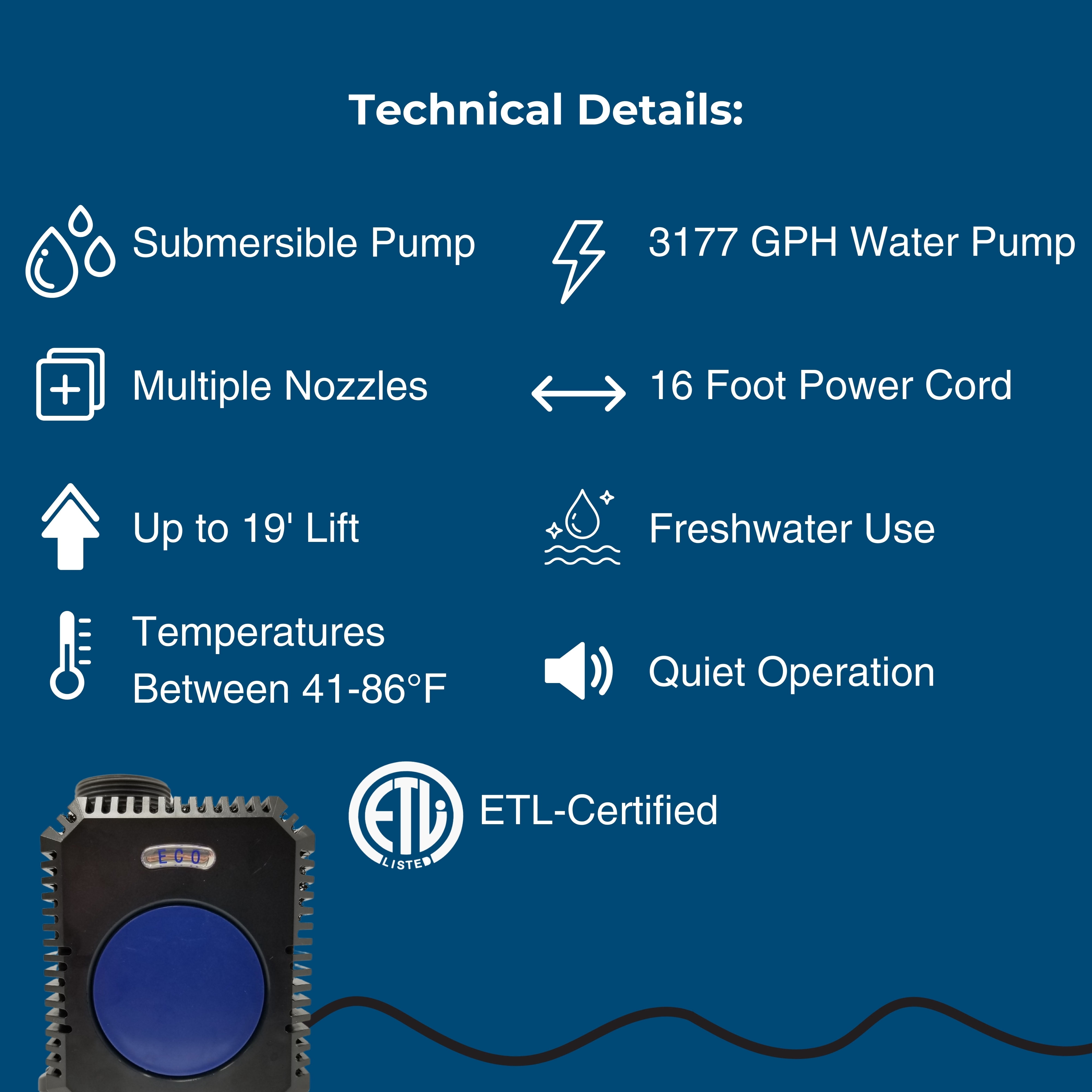 Teamson Home 3177 GPH 125W Adjustable Submersible Water Pump with a 16 ft. Power Cord and 2 Different Nozzles for Fish Tank, Pond, Aquarium, Fountains, and Hydroponic Systems, Teal/Black