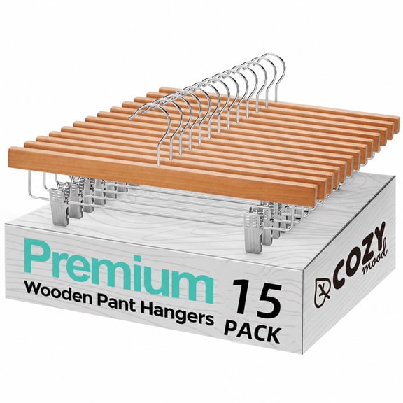 Cozymood 15 Pack Wooden Pants Hangers, Solid Wood Bottom Jeans Skirt Hanger with Adjustable Clips Anti Rust Hook