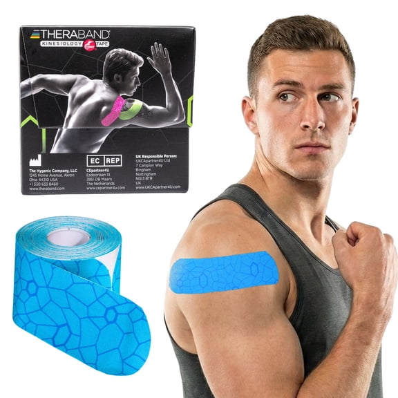 THERABAND Kinesiology Tape, Blue/Blue, 1 Roll, with XactStretch Indicators, Long-Lasting Athletic Tape for Shoulder, Back & Knee, Latex-Free & Water Resistant for Men and Women, Pre-Cut