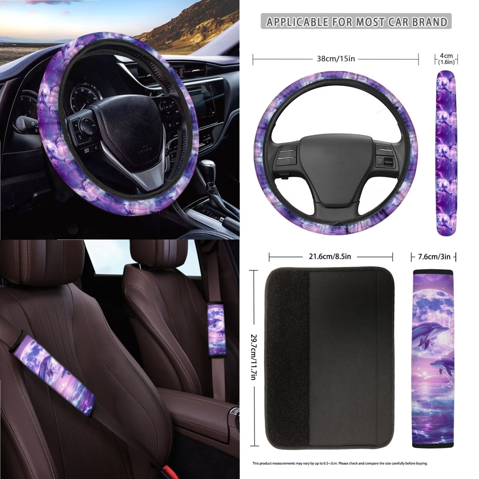 KUIFORTI 15PCS Dolphin Car Seat Covers Full Set/Seatbelt Shoulder Pads/Steering Wheel Cover/Keychain/Cup Mats/Rear View Mirrow Cover/Garbage Can/Car Mount Phone Holder, Purple
