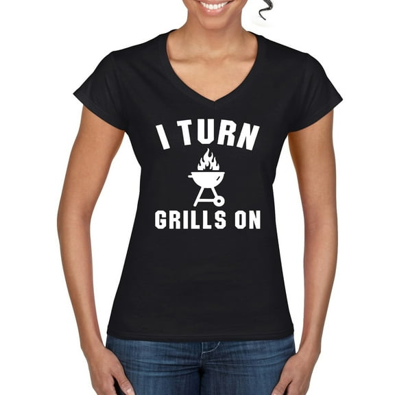 I Turn Grills On Pop Culture Women's Standard V-Neck Tee, Black, Small