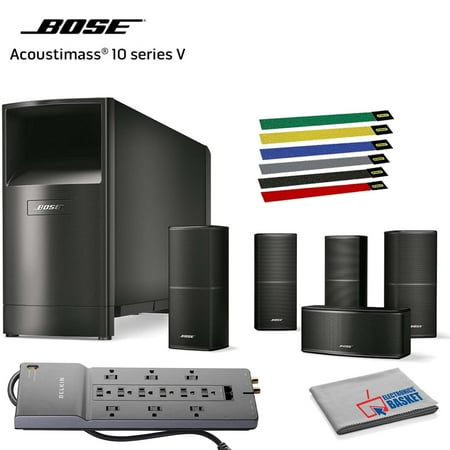 Bose Acoustimass 10 Series V Home Theater Speaker System (Black) Bundle with Cable Ties, Surge Protector and Microfiber Cloth