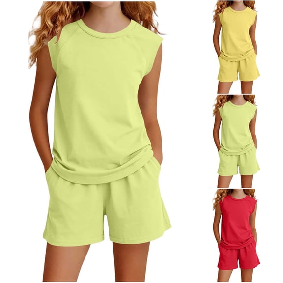 Rvasteizo Toddler Summer Outfits Boys Girls Solid Sleeveless Pocket Crew Neck Pullover Base Top and Pants Daily Casual 2 Piece Set