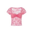 thumbnail image 2 of Aojekbee Women Lace Top, Short Sleeve Pleated See-through Slim Fit Summer Crop Top Clubwear, 2 of 10