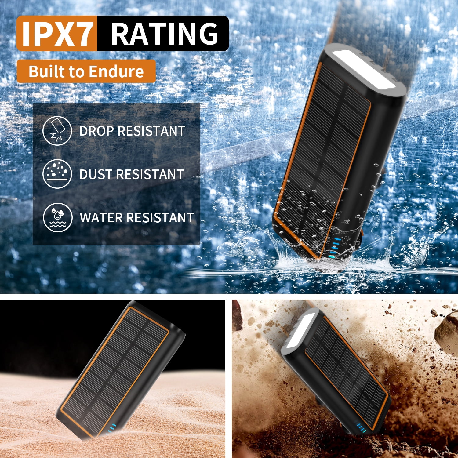 61200mAh Solar Power Bank with Hand Crank, Built-in 4 Cables, 15W Fast Charging, Type-C In/Out, LED Flashlight with SOS/Strobe, Portable Charger for iPhone and Android