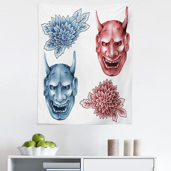 Kabuki Tapestry, Different Coloreds of Japanese Demoness Ornate Flowers Art, Fabric Wall Hanging Decor for Bedroom Living Room Dorm, 5 Sizes, Blue Red White, by Ambesonne