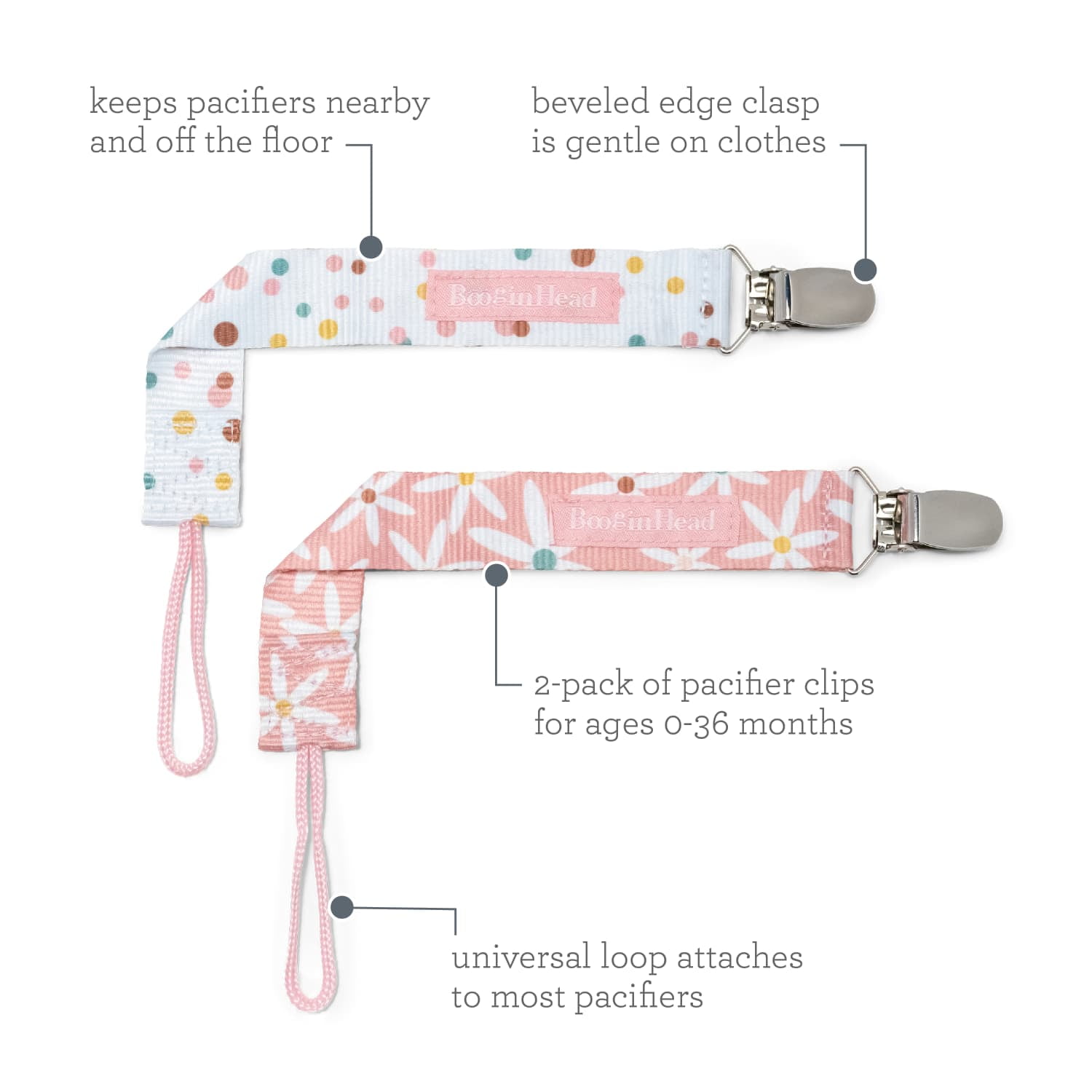 BooginHead PaciGrip by Infantino, Universal Pacifier Clips, Infant & Toddler Girls, Pink Daises, 2-Pack