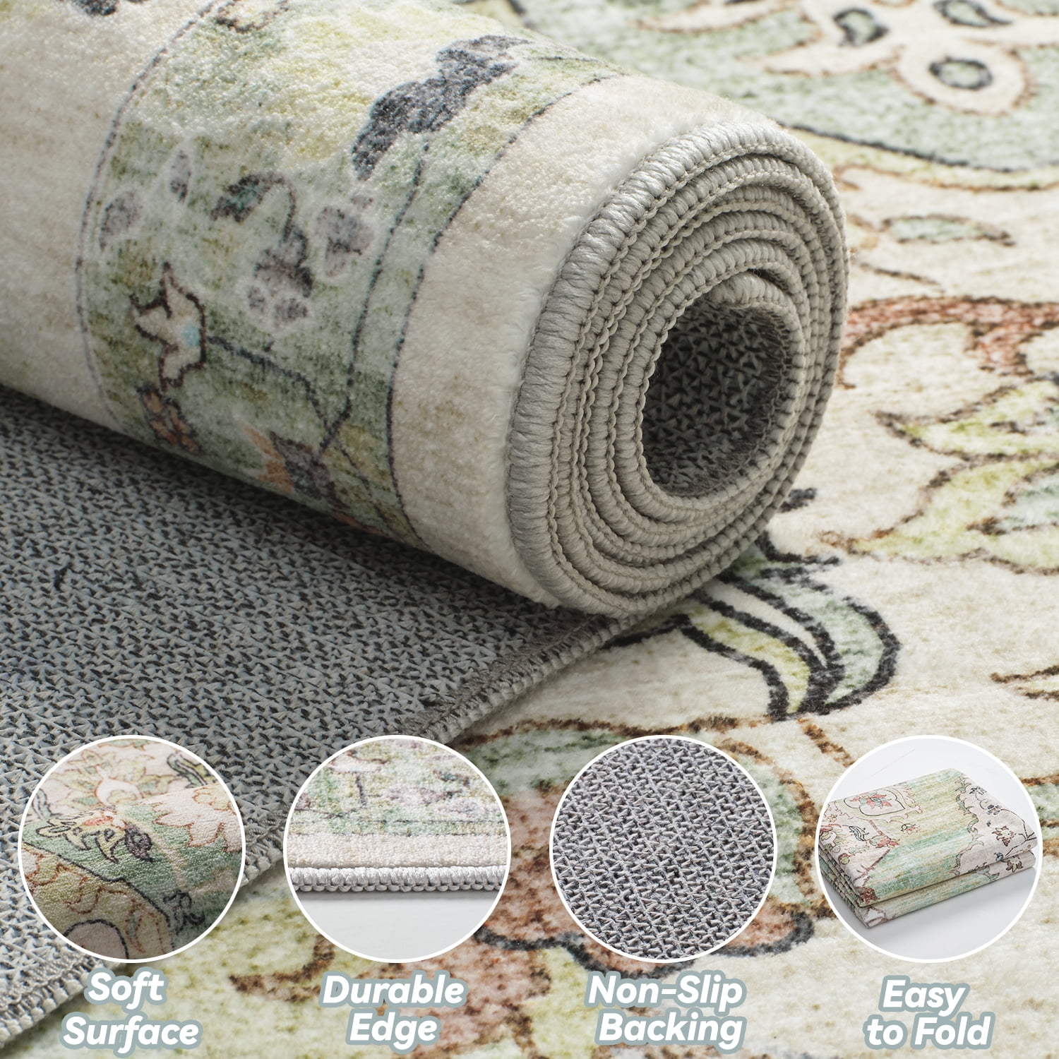 VUNATE 3'x5' Rugs for Living Room Washable Rugs Floral Vintage Area Rug Botanical Indoor Carpet Soft Rugs for Bedroom Office Entryway Kitchen Laundry Room Accent Rug Contemporary Home Decor Green