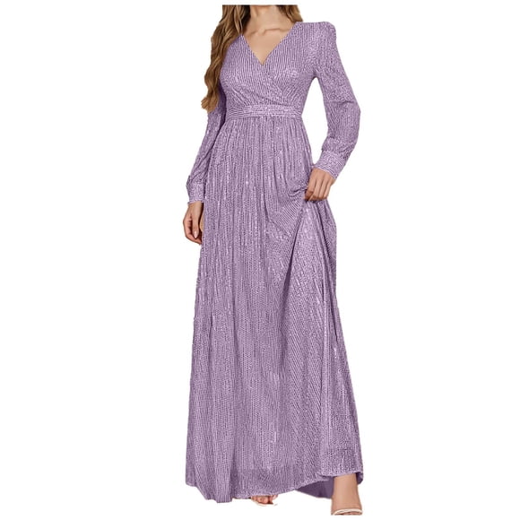 Women Formal Sequin Dresses - Evening Gowns Long Sleeve V-Neck Wedding Guest Sparkly Prom Long Maxi Dress Purple M
