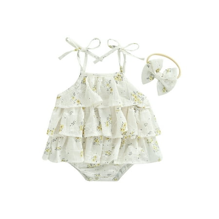 

Infant Baby Girl Romper Tie-Up Spaghetti Strap Sleeveless Floral Printed Bodysuit Jumpsuit Pleated Tutu Dress