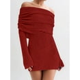 thumbnail image 2 of Women'S Off Shoulder Mini Skirt Bodycon Long Sleeve Crochet Out Going Mesh Elegant Sweater Dress Red M, 2 of 7